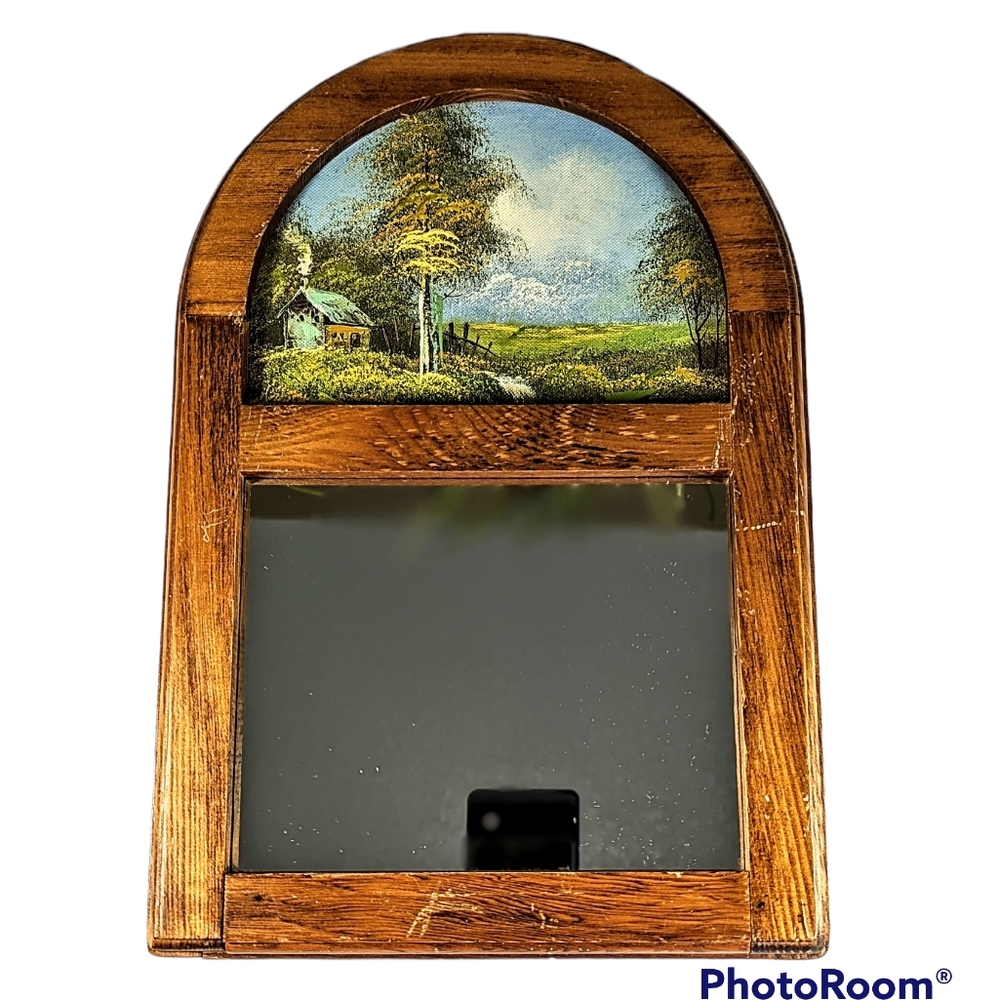 Vintage 80s Oil Painting On Mirror Oak Frame Bob Ross Style